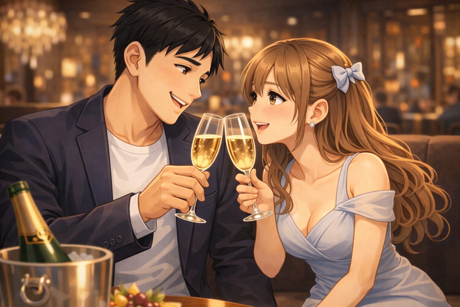 スタイリストに選んでもらった服で女性と乾杯する男性のイメージ