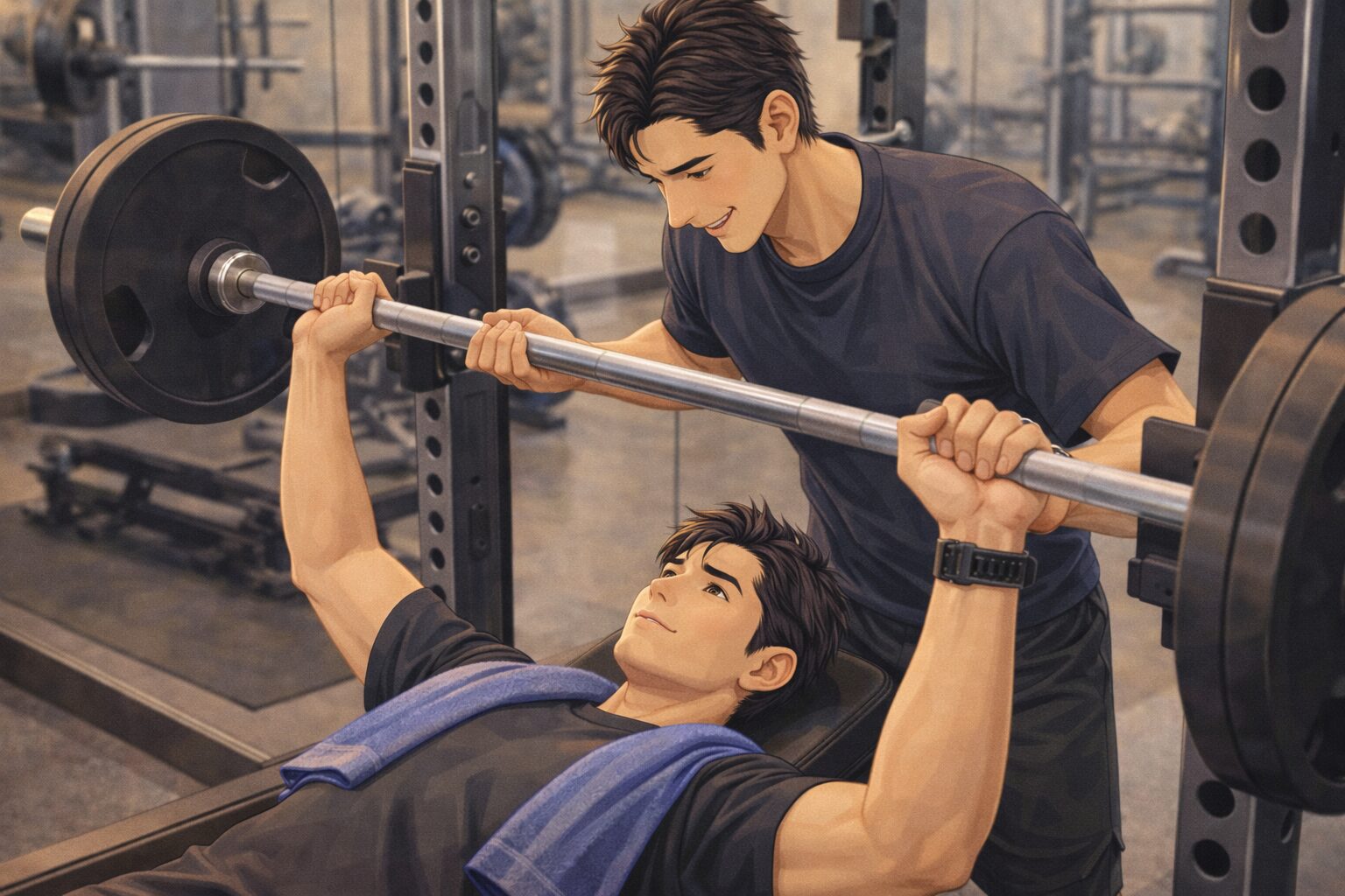 パーソナルジムでトレーナーとマンツーマンで筋トレ指導を受ける男性のトレーニング風景