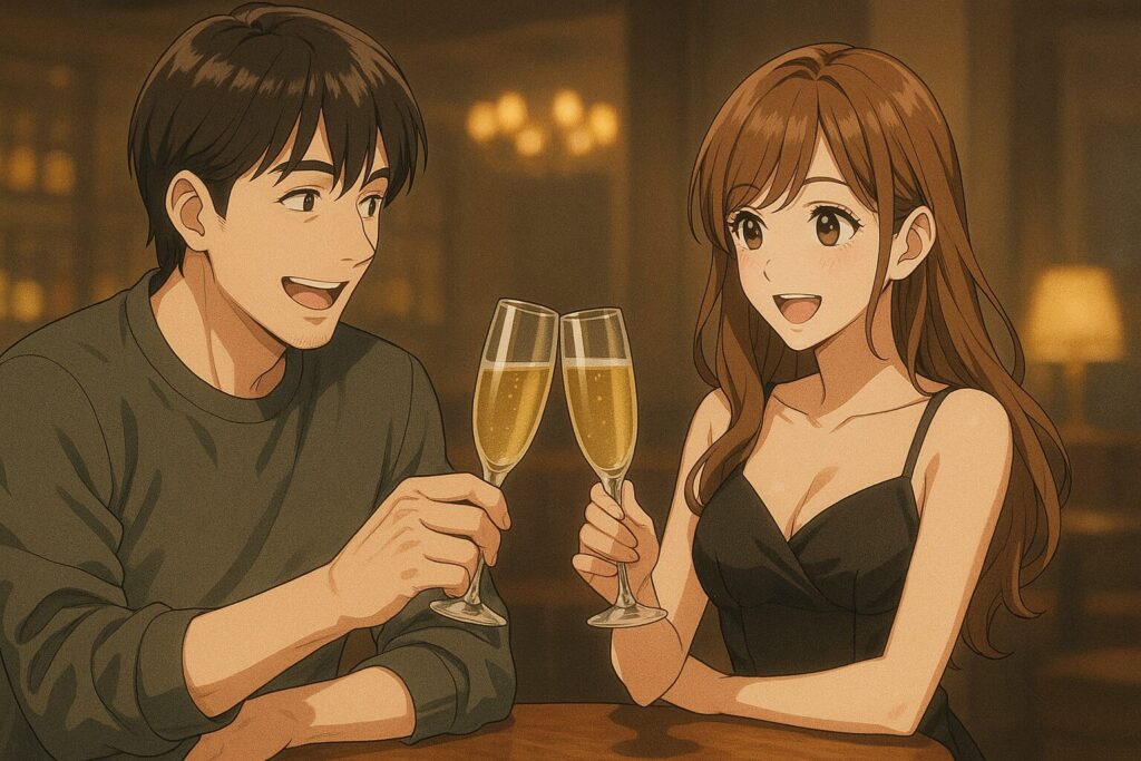 口臭ケアで清潔感が高まり女性と笑顔でシャンパンを乾杯する男性