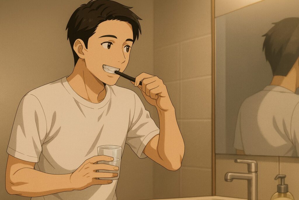 自宅マンションの洗面台で、清潔感を意識して歯磨きをする30代男性。毎日の口元ケアを習慣にしようとしている様子。