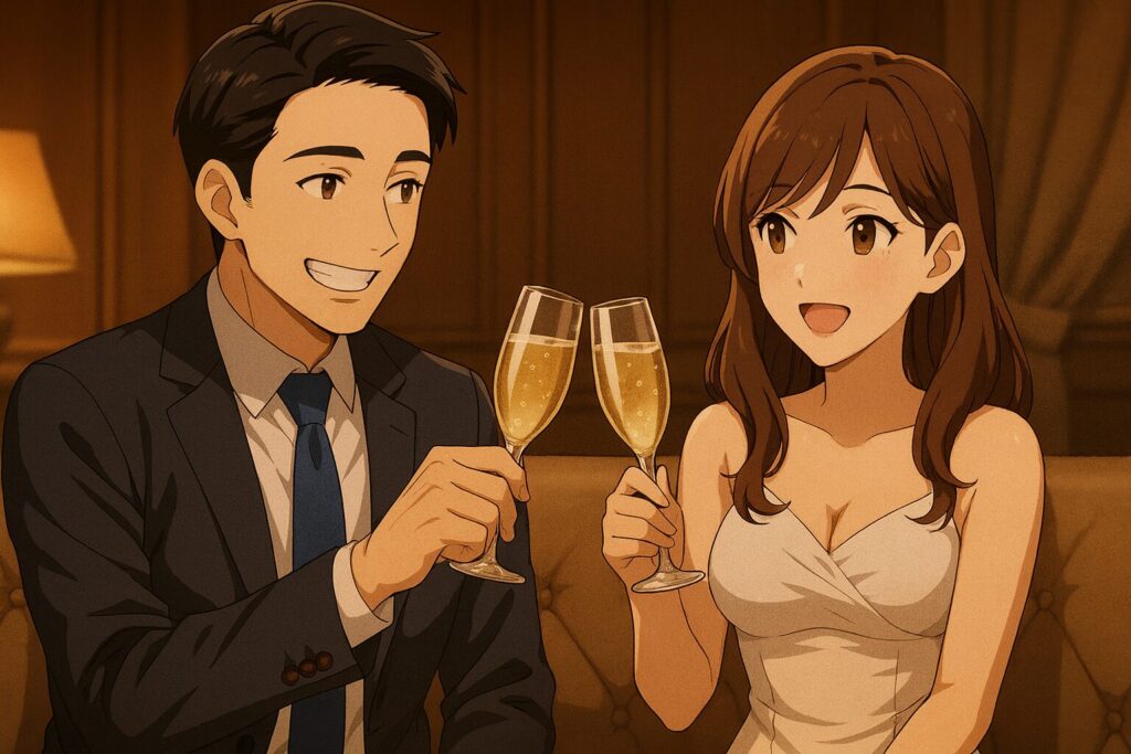 口元の清潔感に自信を持ち、キャバクラで白ドレスのキャストとシャンパンで乾杯する男性。距離が近く自然な会話を楽しんでいる。