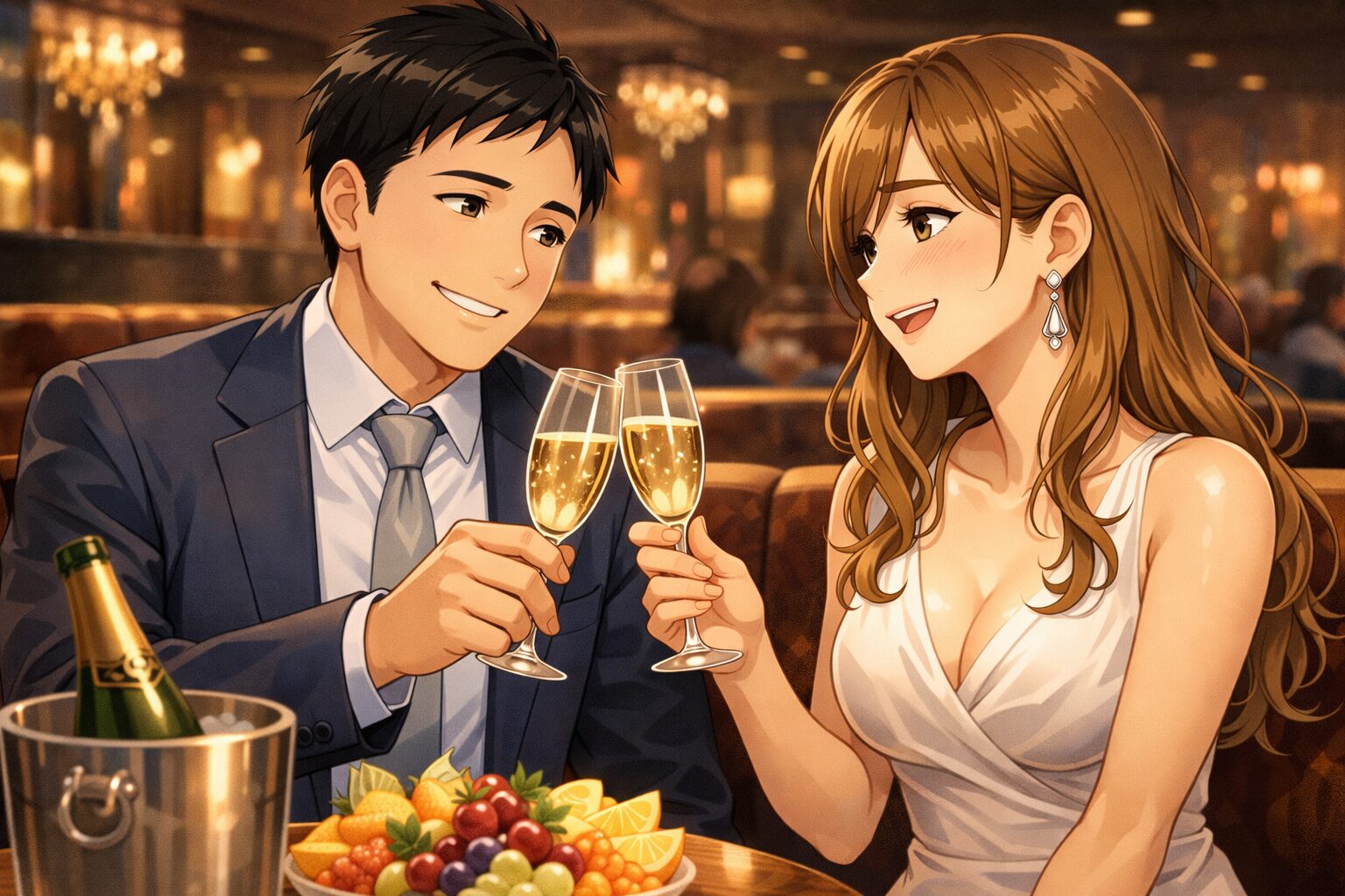 清潔感を整えた男性が女性と距離を縮めて乾杯する場面