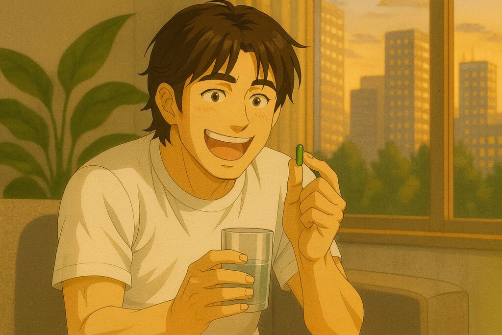 口臭改善のために胃腸ケアサプリを飲んで内側から整える男性