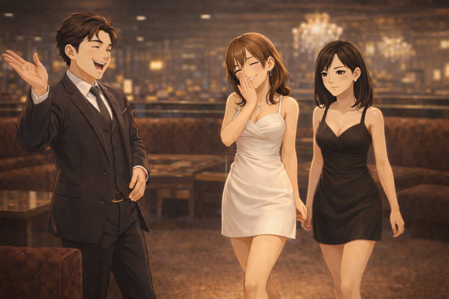 忙しいキャバクラの待機席で、黒服スタッフが明るく声をかけてキャストたちを席へ送り出すシーン