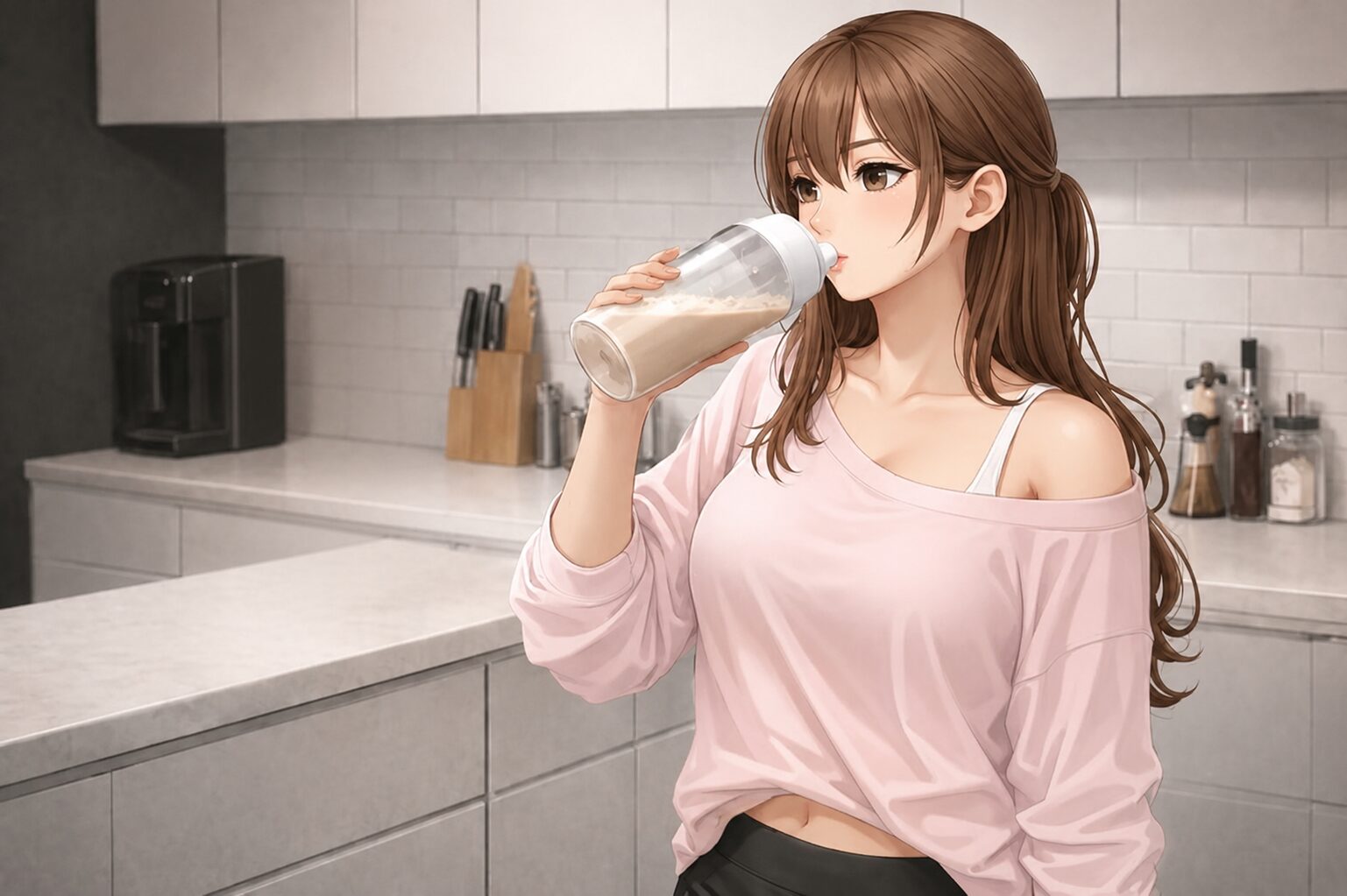 食事の補助としてプロテインを飲む女性のイメージ