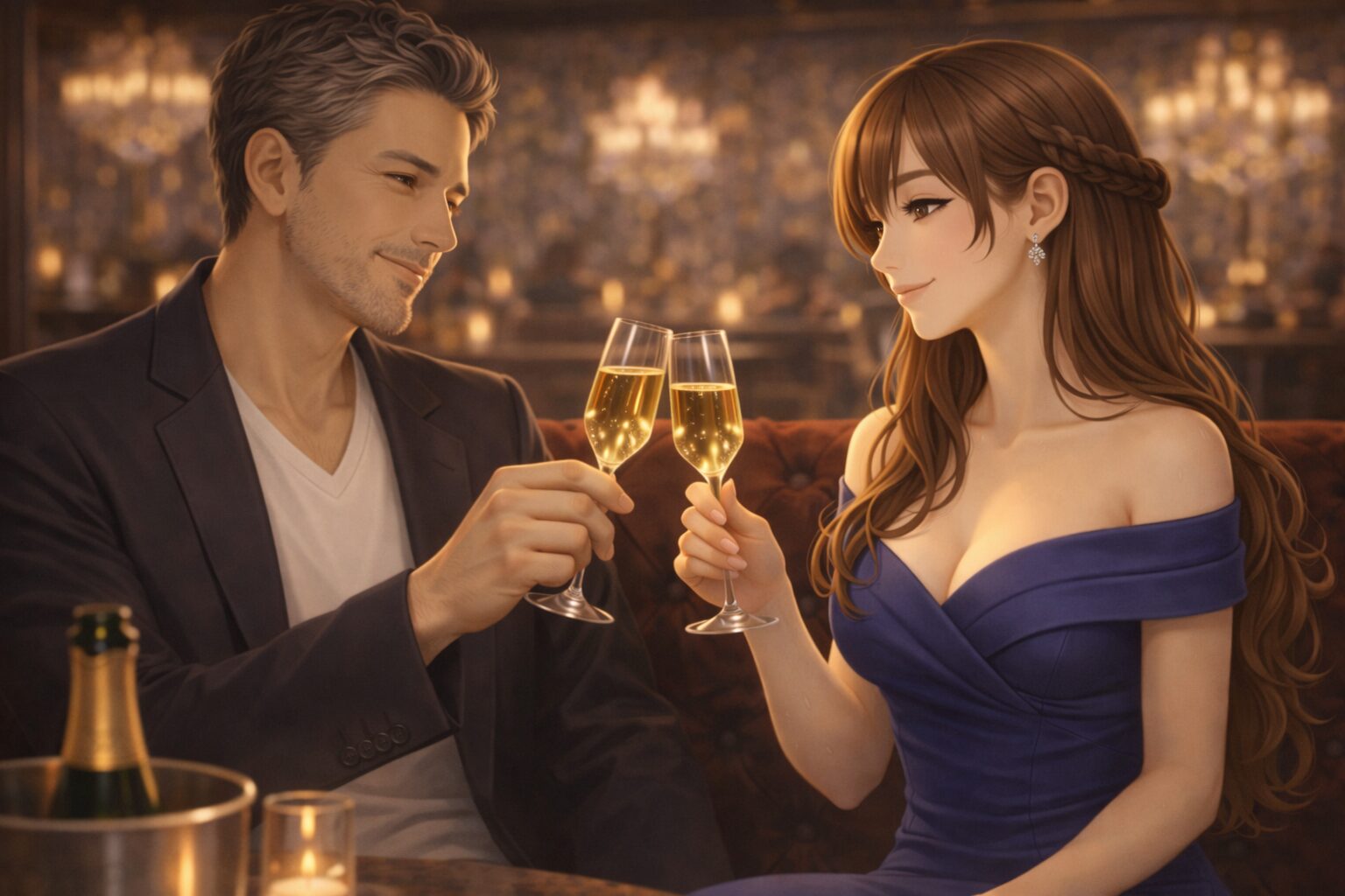 接客中に落ち着いた笑顔でお客様を和ませる女性キャストのイメージ画像｜マグネシウムで感情が安定し崩れない状態を表現