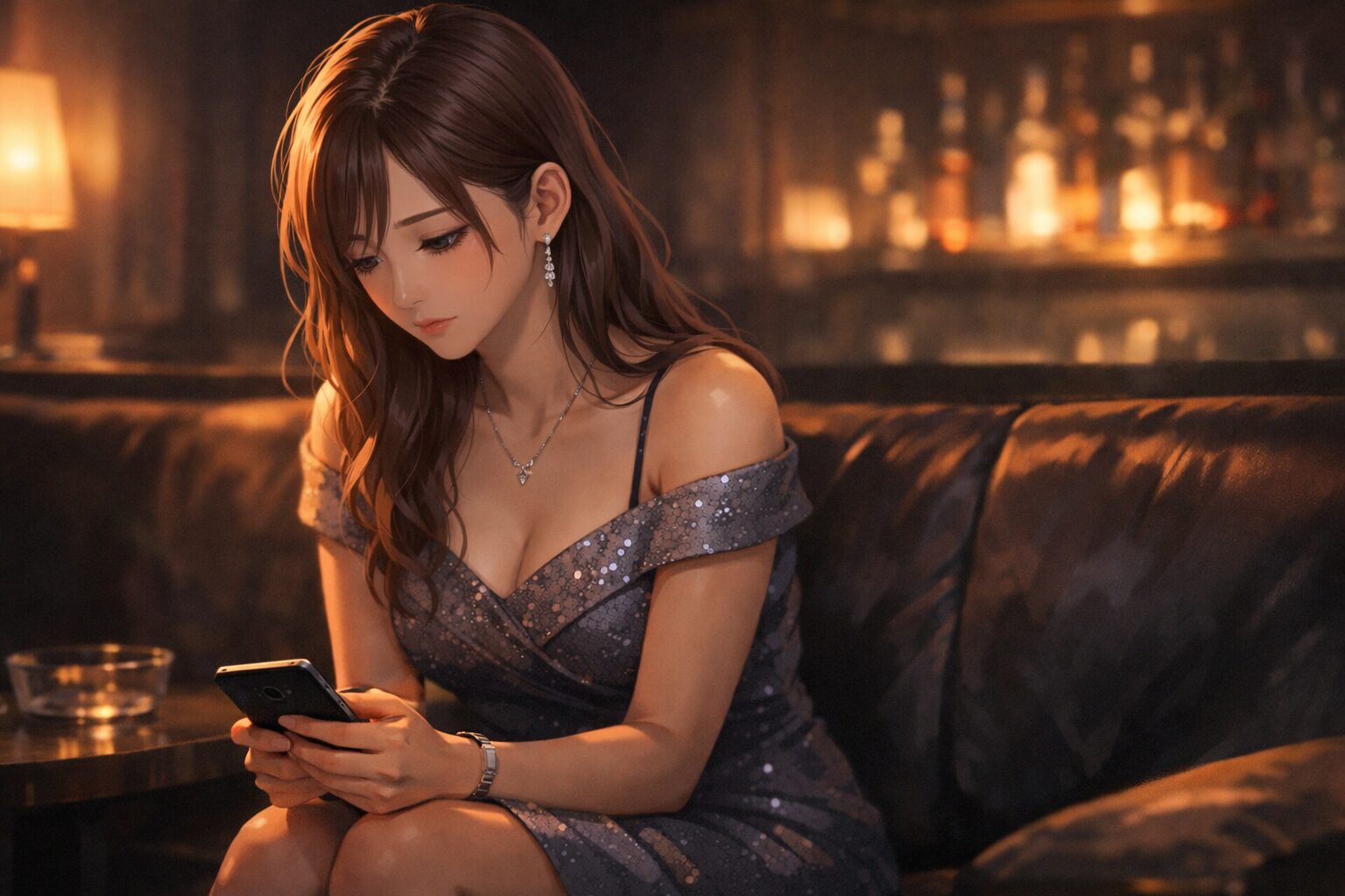 キャバクラのソファ席でスマホを見ながら少し落ち込んだ表情をしているドレス姿のキャバ嬢