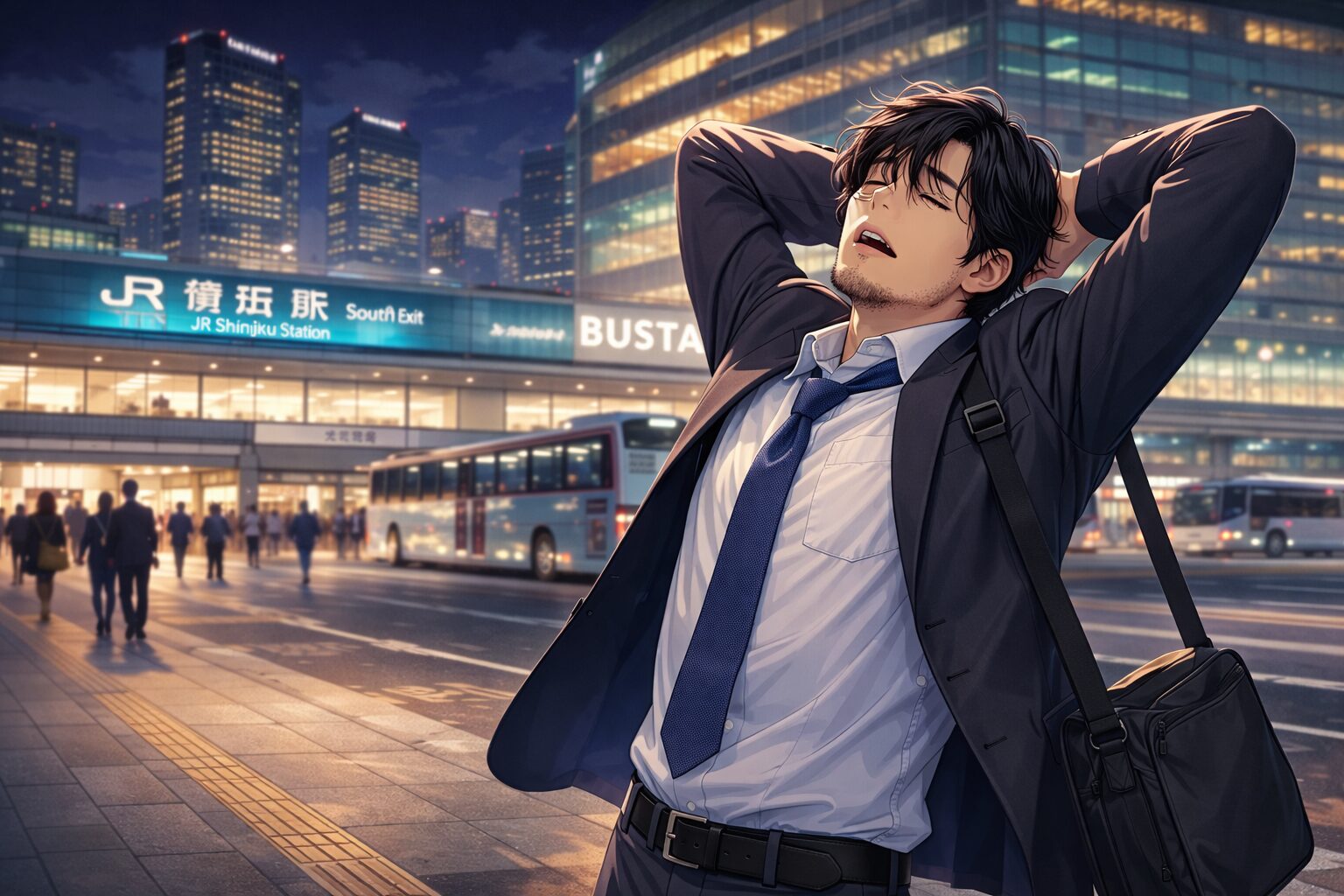 夜の新宿南口で、疲れて伸びをしながら駅へ向かう35歳のサラリーマン。バスタ新宿を背景に、仕事終わりの疲労感がにじむズボラ男性のイメージ。