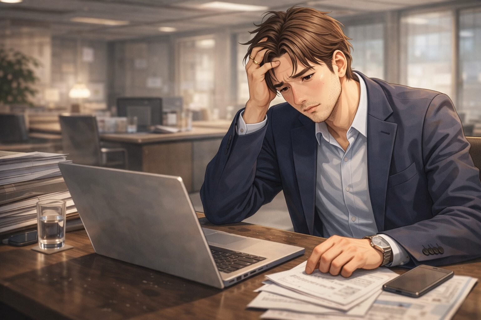 亜鉛不足で疲れた表情の男性会社員がデスクで頭を抱えながらパソコン作業をしている様子（集中力低下・だるさのイメージ）
