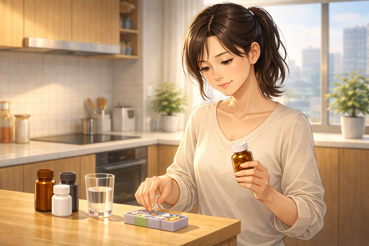 朝のキッチンで女性がサプリの飲み合わせを確認しながら健康習慣を整えている様子
