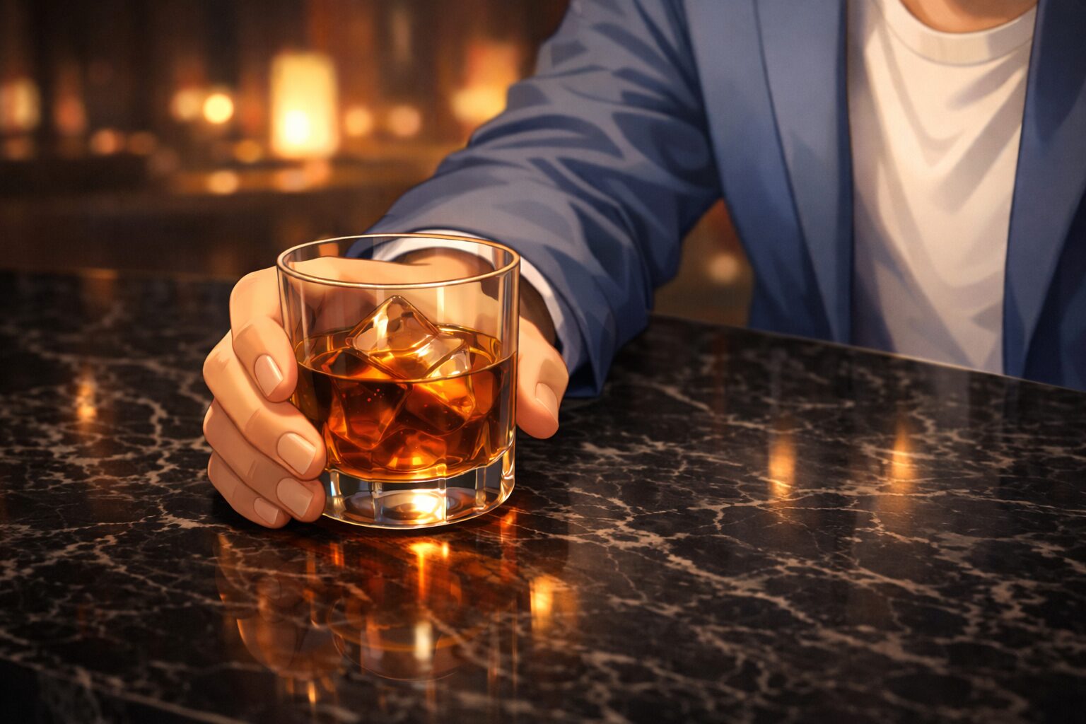高級感のある大理石ローテーブルで、暖かい間接照明の中、ブランデー入りロックグラスを持つ清潔感のある男性の整った手元