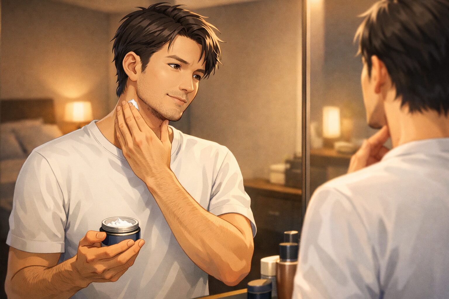 夜の洗面所で首元にデオドラントクリームを塗り体臭ケアをする男性の清潔習慣