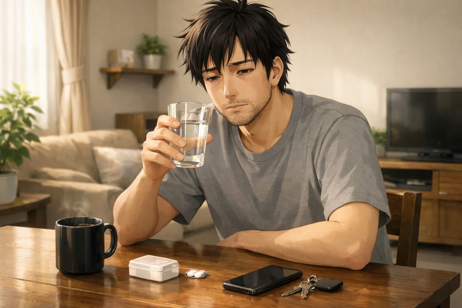朝の自宅で部屋着のまま水を飲む男性。飲みすぎた翌朝に少し疲れた表情で、肝臓を整えようとしているズボラ男性のリセット習慣をイメージしたシーン。