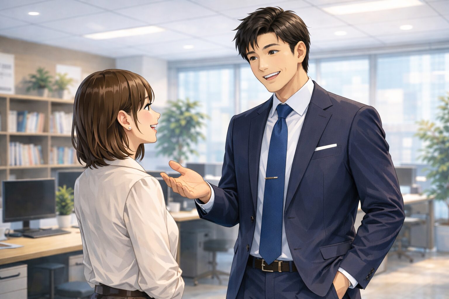 ニオイ対策と清潔感を意識した身だしなみの男性が職場で会話するイメージ