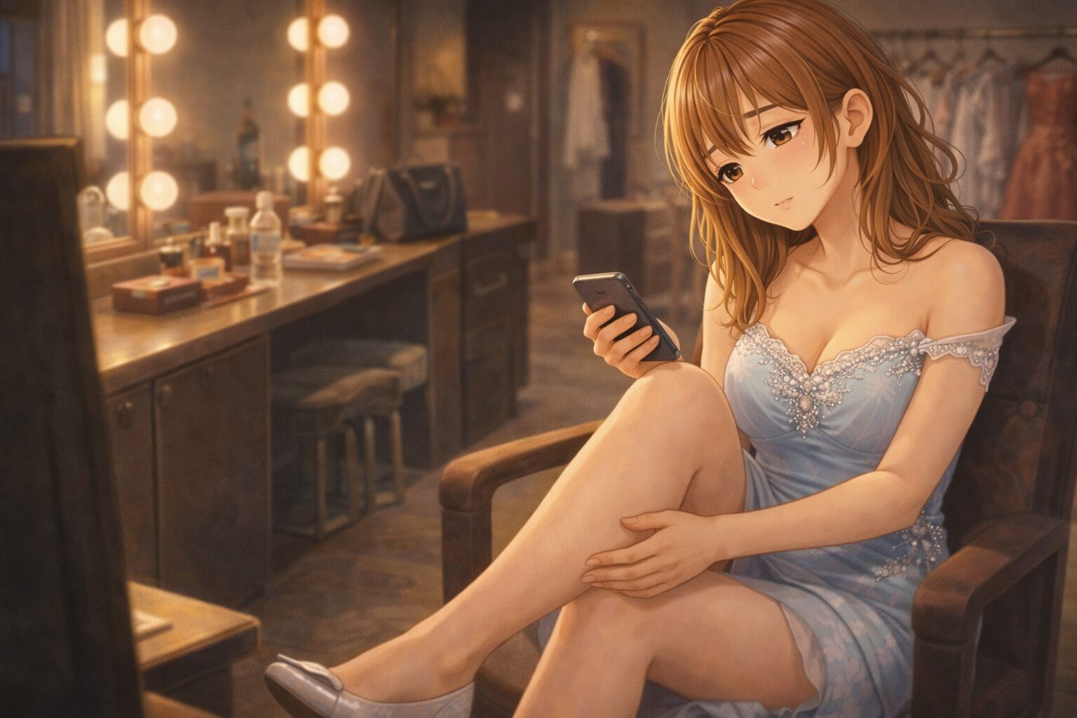 楽屋でスマホを見ながら休憩する、薄いブルードレス姿のキャバ嬢。少し疲れた表情で座り込み、ズボラ気味な日常を感じさせるシーン（カリウム不足イメージ）