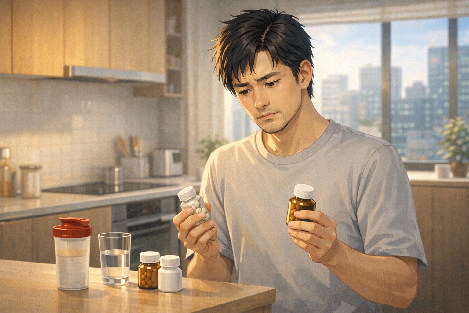 朝のキッチンで男性がサプリの飲み合わせを確認しながら整え習慣を始める様子