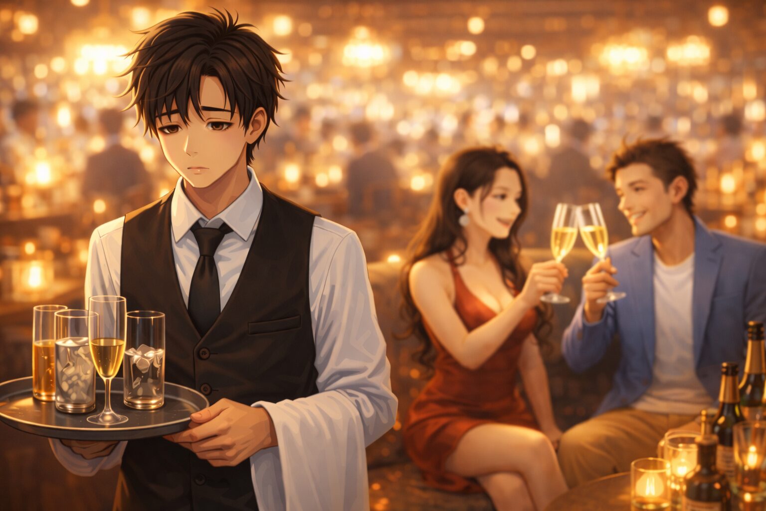 若い男性ボーイが銀のトレーでグラスを下げながら少し疲れた表情を見せる高級キャバクラ店内シーン