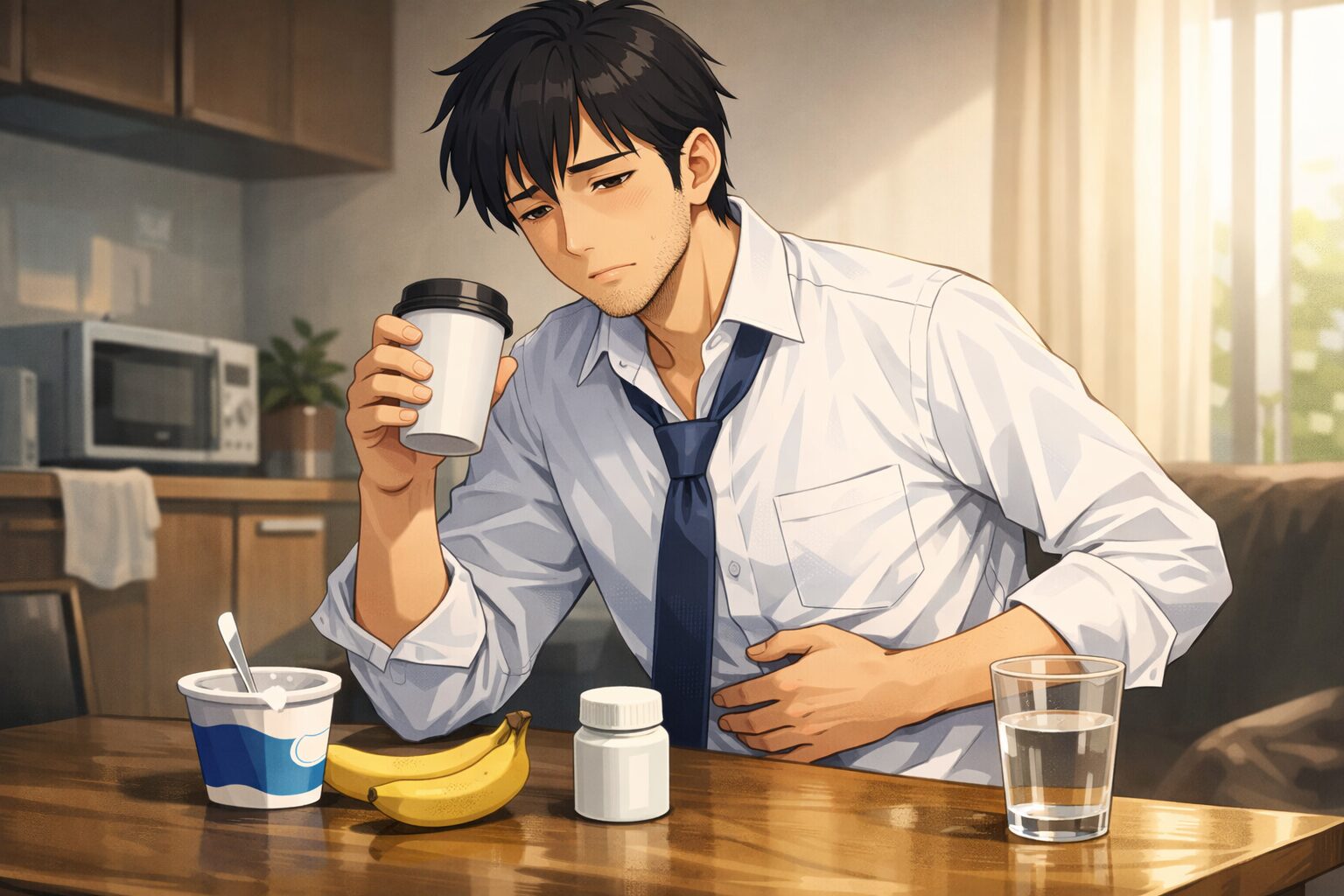 朝のキッチンでコーヒーを飲みながらお腹を気にする男性｜腸を整える定番習慣イメージ