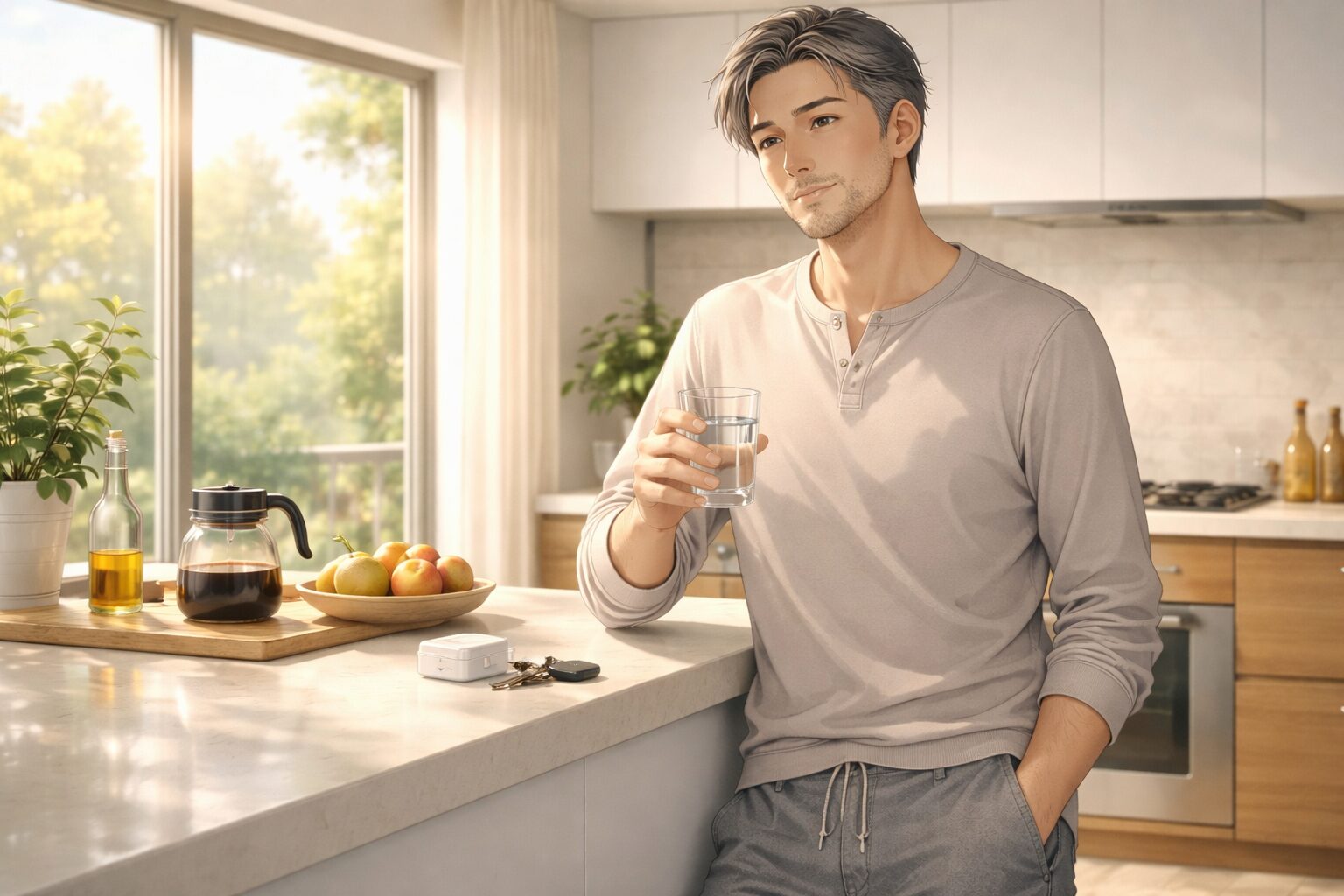 朝のデザイナーズキッチンで水を飲む50代の男性。整った自宅で静かにコンディションを整える、崩れない男性の肝臓ケア習慣をイメージしたシーン。