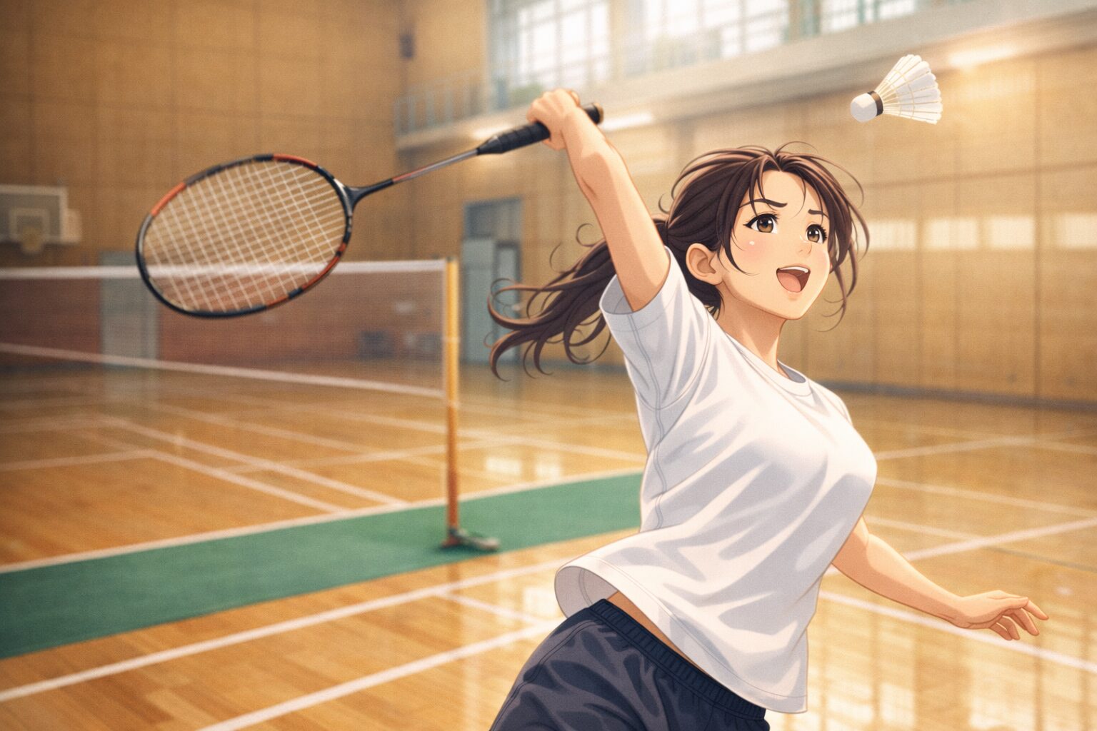 室内バドミントンコートでスマッシュを打つ32歳くらいの日本人女性。健康的でキラキラした日常を描いたセミリアルアニメタッチのイラスト。