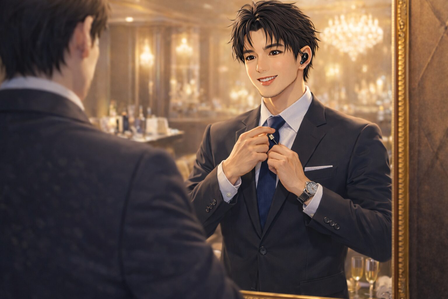 鏡の前でネクタイを整えながら身だしなみを確認する黒服男性が、ビタミンBでコンディションを整え万全の状態で仕事に向かう様子