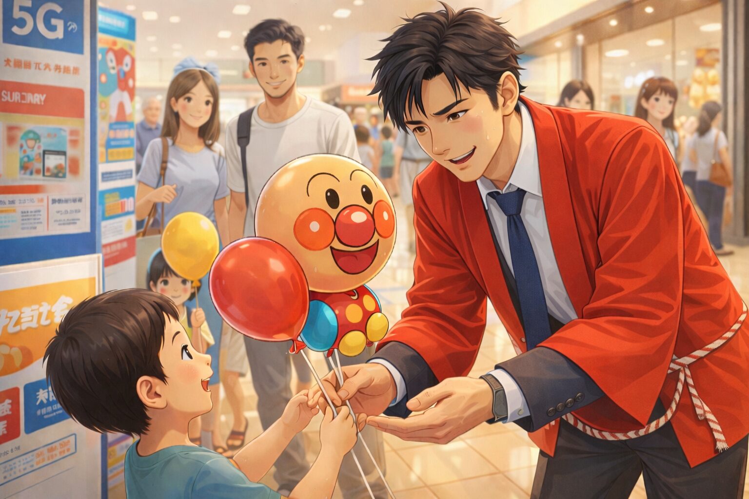 日曜日のショッピングモールで、携帯キャリアのキャンペーン中に子供へバルーンを渡すスーツ姿の日本人営業マンのセミリアルアニメ風イラスト