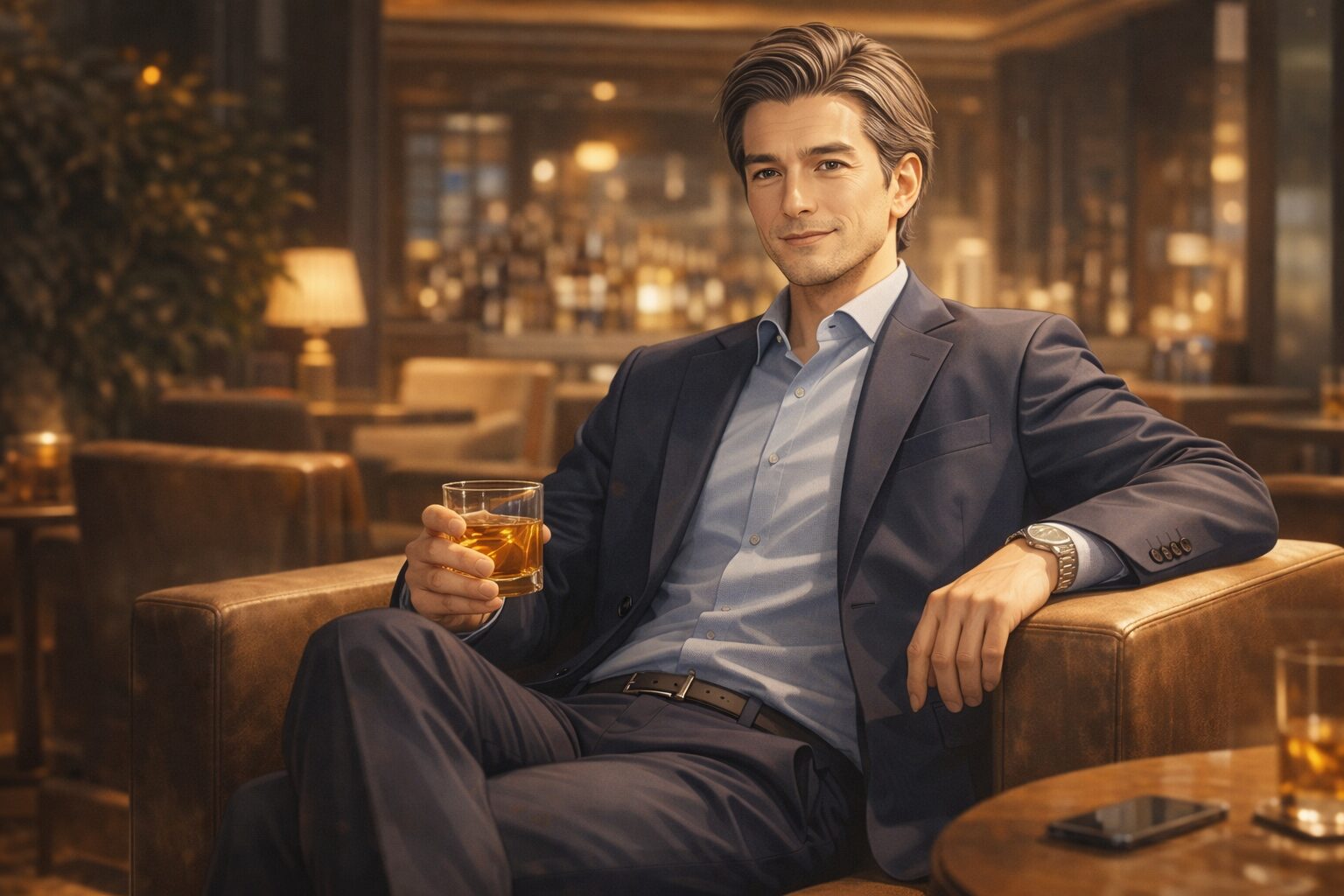 亜鉛を意識してコンディションを整えた大人の男性が、ラウンジで余裕のある表情でくつろいでいる様子（崩れない体調・安定感のイメージ）