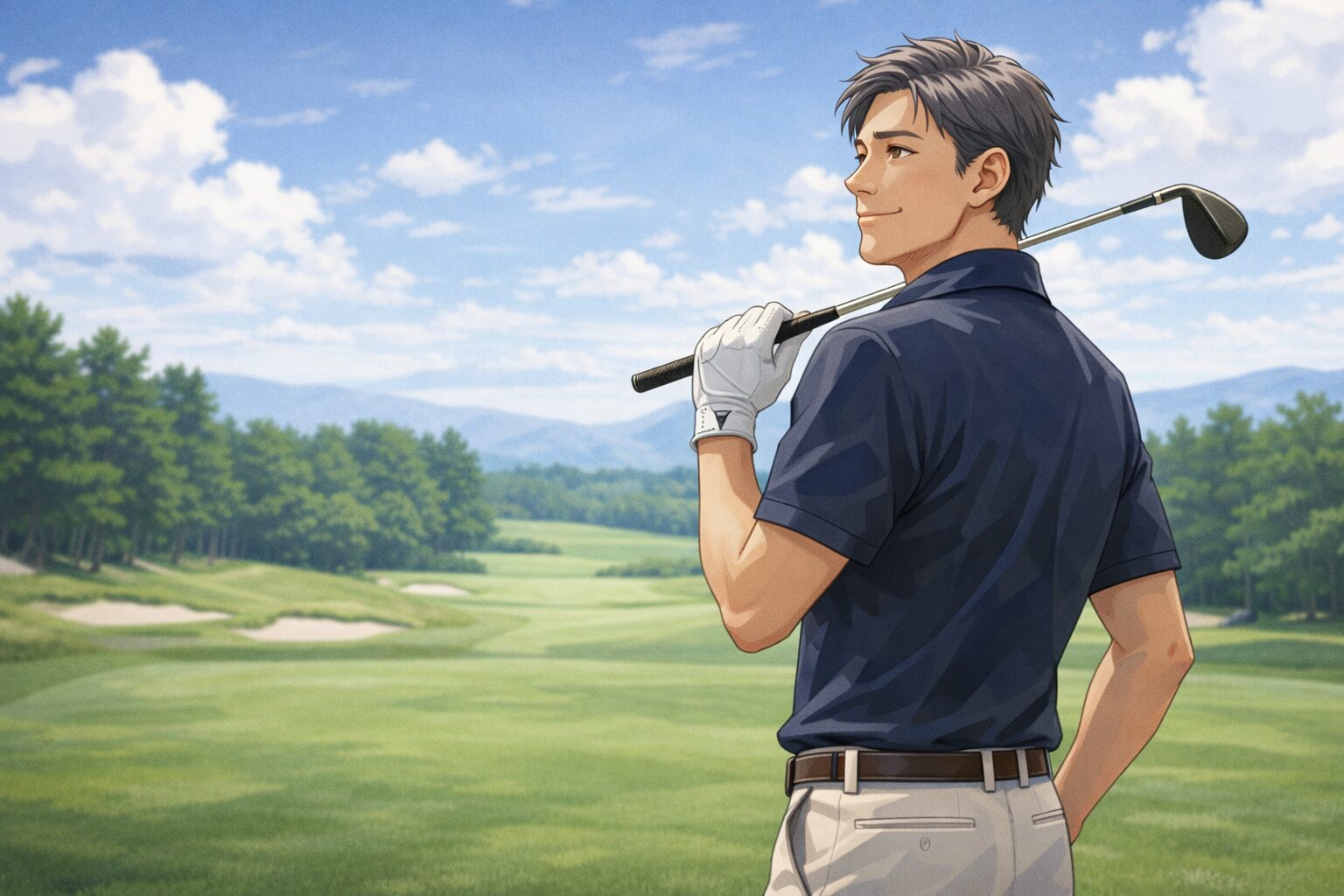 ゴルフ場で余裕のある表情を見せる50歳男性のイメージ画像｜マグネシウムで疲れにくく崩れない体を表現