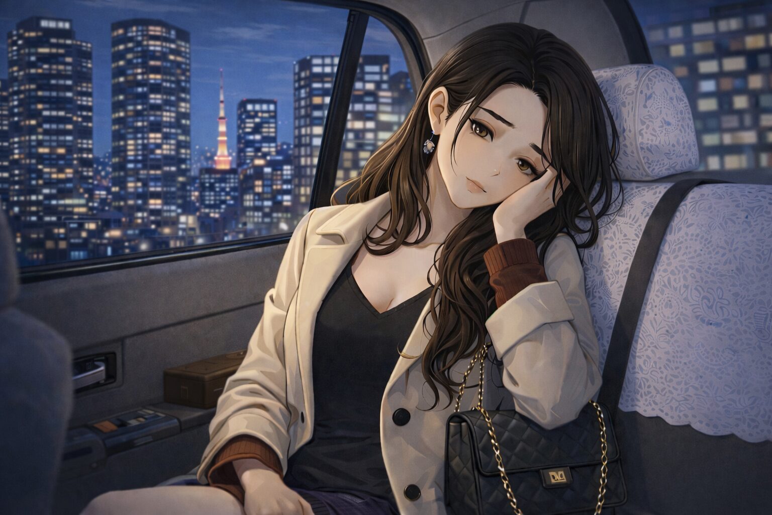 仕事終わりのキャストがタクシーで帰宅中に疲れた表情で窓にもたれている夜景シーン