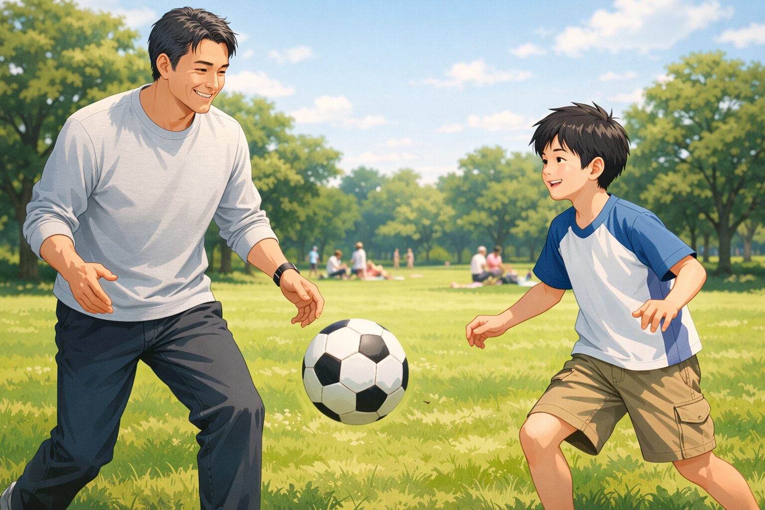 芝生の公園で小さな子供とサッカーボールをパス交換する日本人男性の休日シーン。健康的で穏やかな親子の時間を描いたセミリアルアニメイラスト。