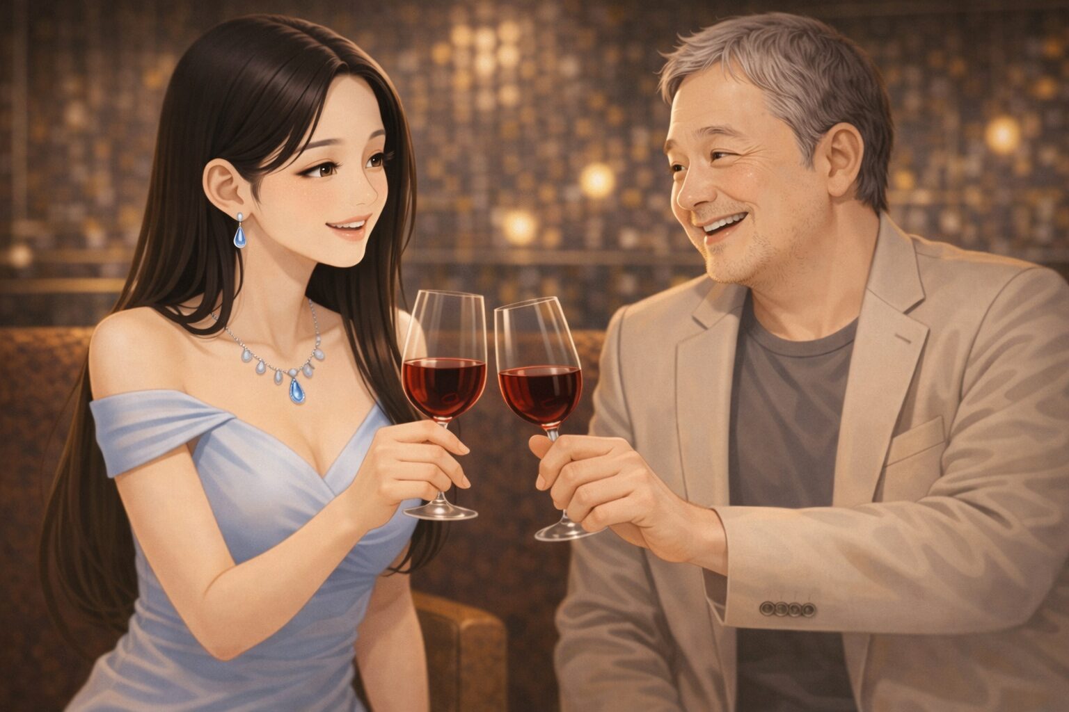 崩れない亜鉛のALTはこれでOKです👇 ALTテキスト： 亜鉛を意識した生活でコンディションが整い、笑顔で赤ワインを楽しむ上品な女性と男性の乾杯シーン