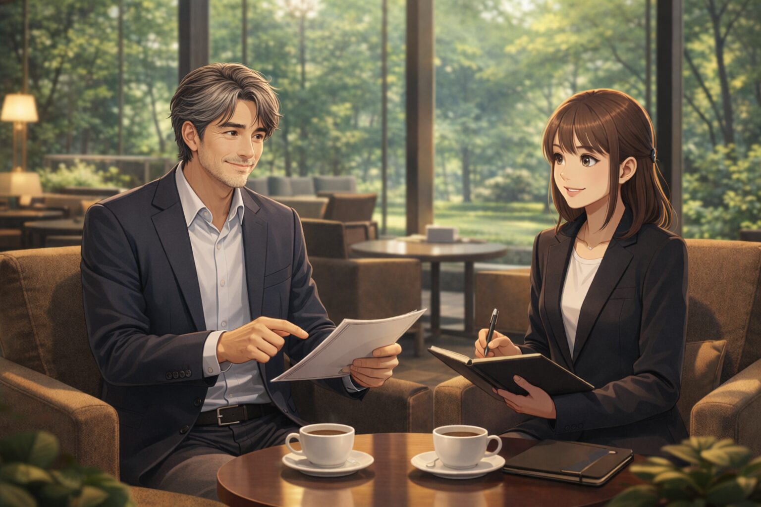 カリウムを意識した健康的な生活をイメージさせる、優しい笑顔の50歳前後の日本人男性（少し白髪交じり）が、落ち着いたラウンジでリラックスしながら会話を楽しんでいる上品なシーン。