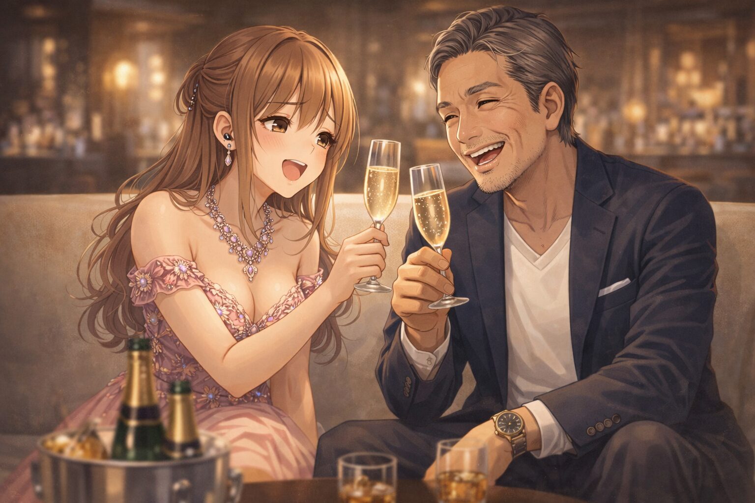 高級キャバクラのソファ席でキャバ嬢が笑顔でお客様と乾杯し、ビタミンBでコンディションを整えながら崩れず仕事をこなしている様子