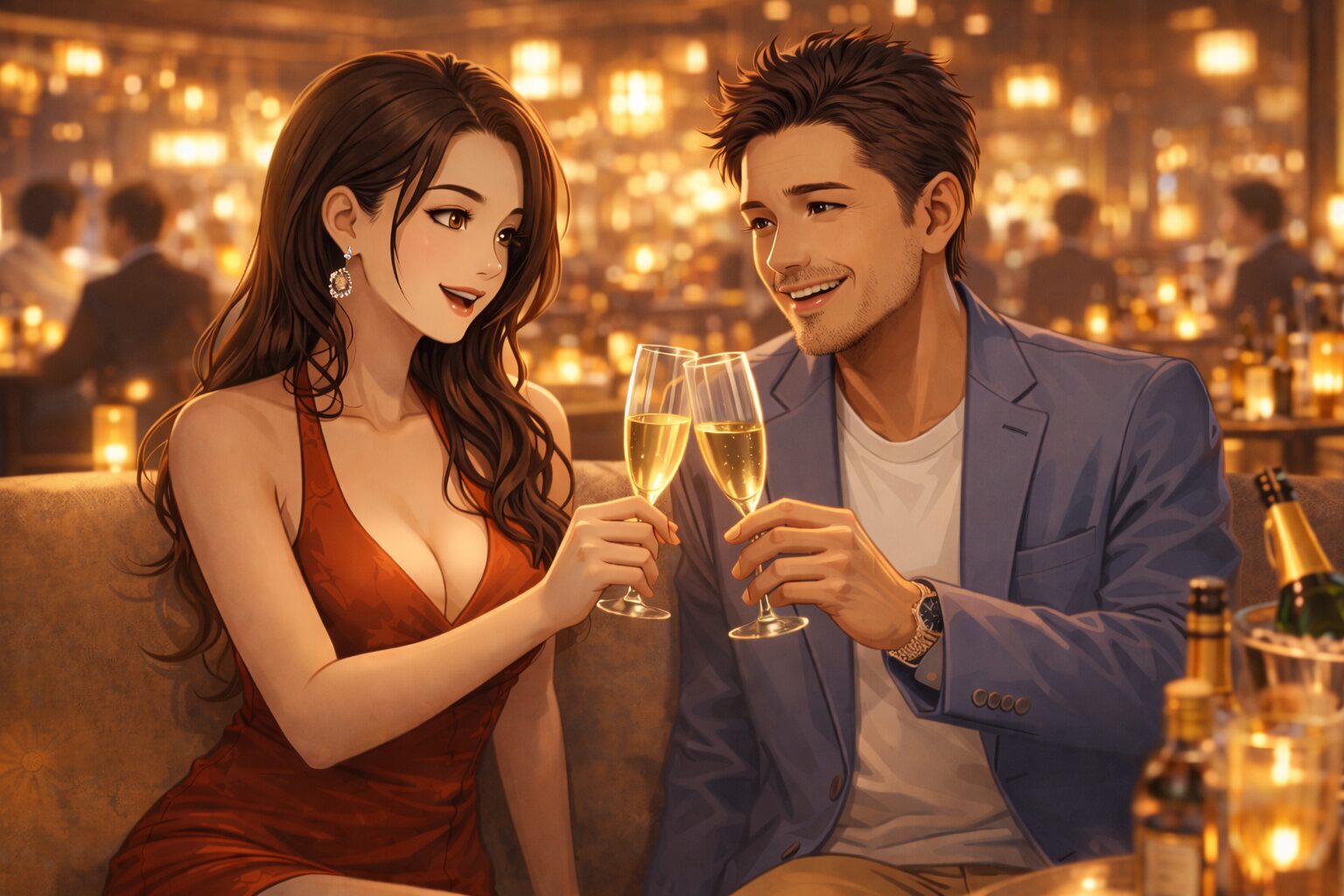 高級キャバクラで赤ドレスの女性キャストが男性客とシャンパンで乾杯している接客シーン