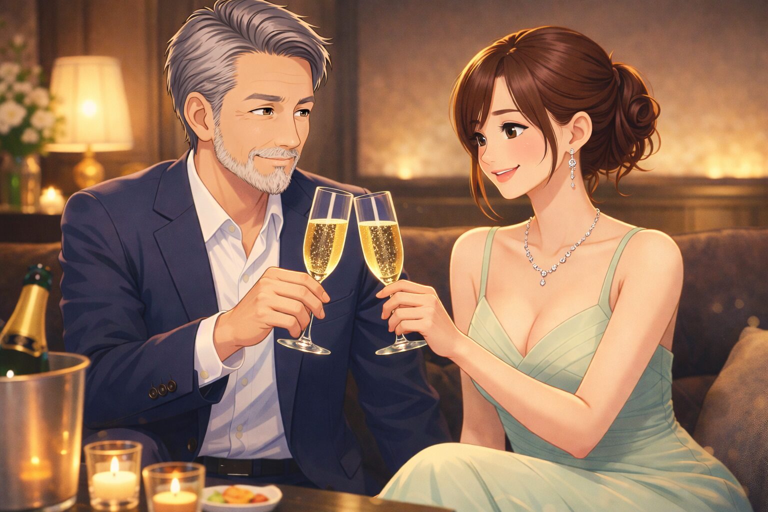 爪まで手入れされた清潔感のある男性と、安心した表情で接客する女性キャストのイラスト。清潔感や指先の身だしなみが与える印象を表現している。