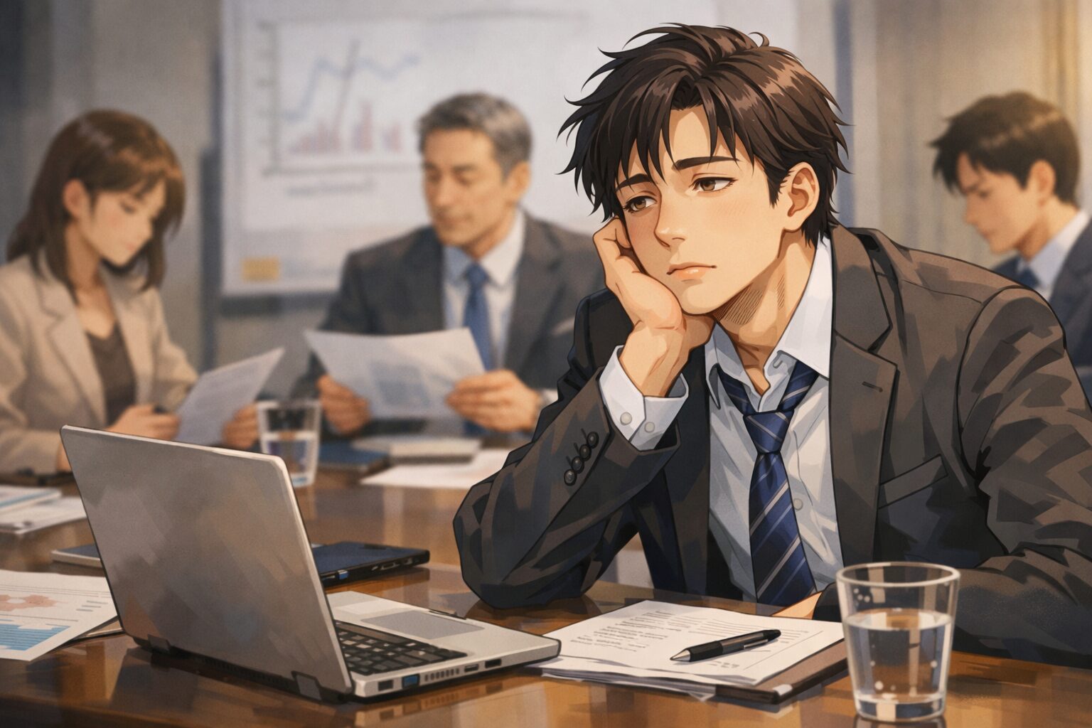 会議中に集中力が続かずぼーっとしてしまう35歳男性サラリーマンのイメージ画像｜マグネシウム不足による疲労感を表現