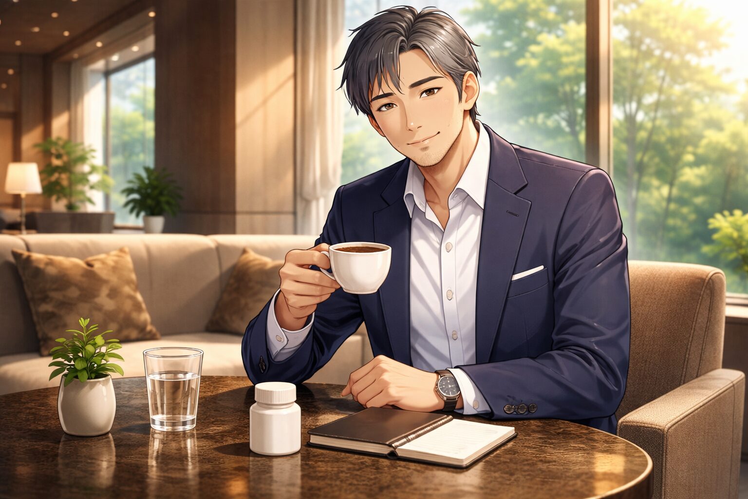 ホテルラウンジでコーヒーを飲みながら腸の定番習慣を続ける落ち着いた男性のイメージ