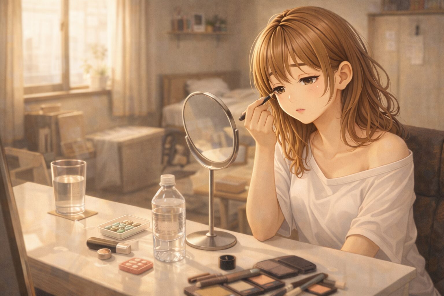 出勤前の自宅でメイクをしながら水を飲む若い女性キャスト。少し眠そうな表情で、飲みすぎた翌朝に体を整えようとしている様子。