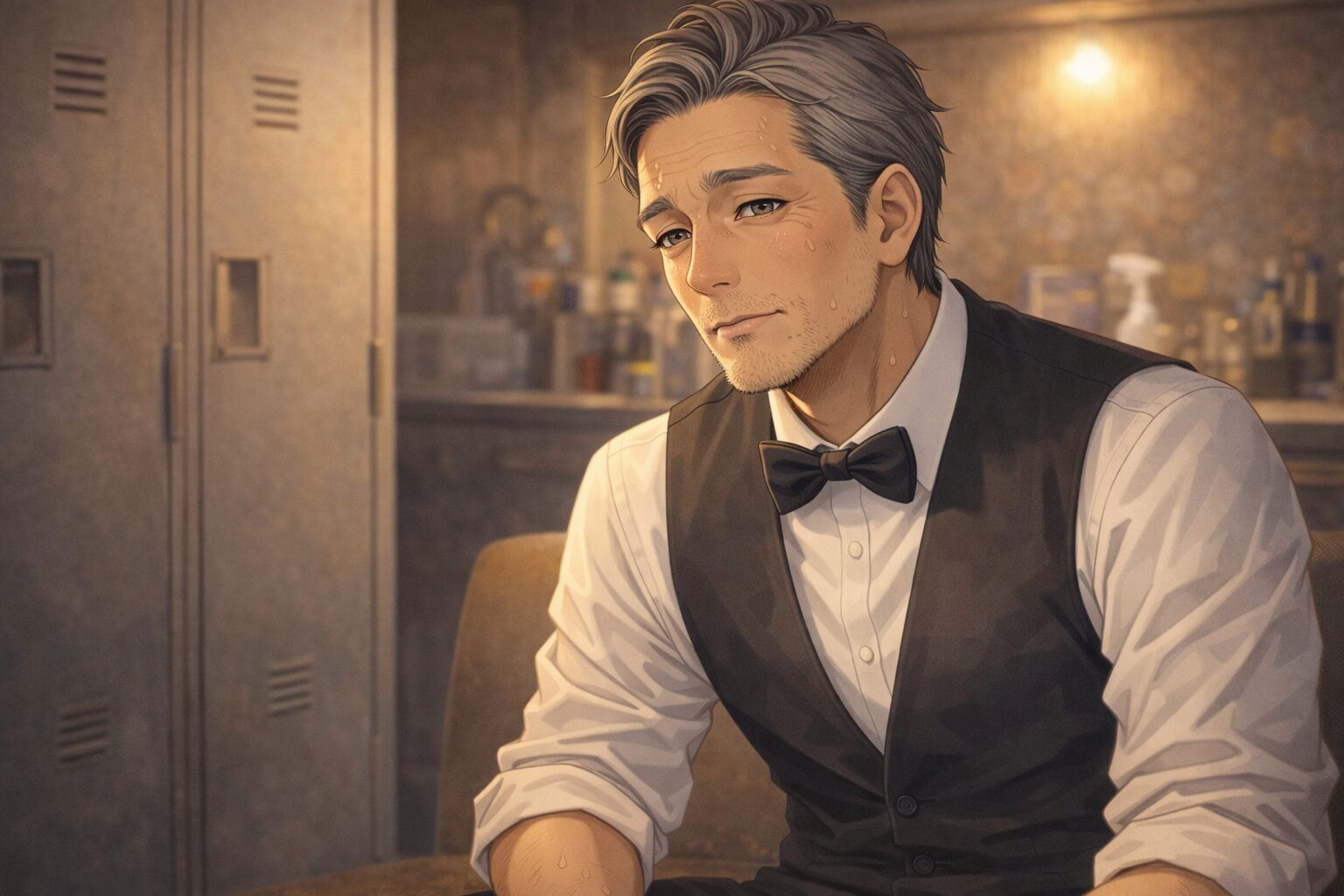 ビタミンB不足で疲れた表情のベテラン黒服男性が店内に立つ様子｜回復力低下イメージ