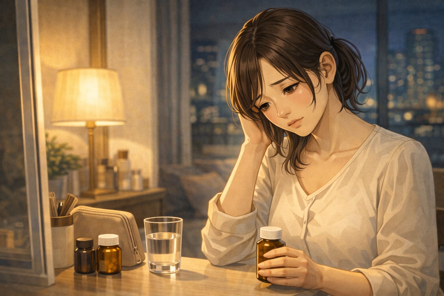 夜の部屋で女性がサプリを手にしながら効かない理由を考えている落ち着いたシーン