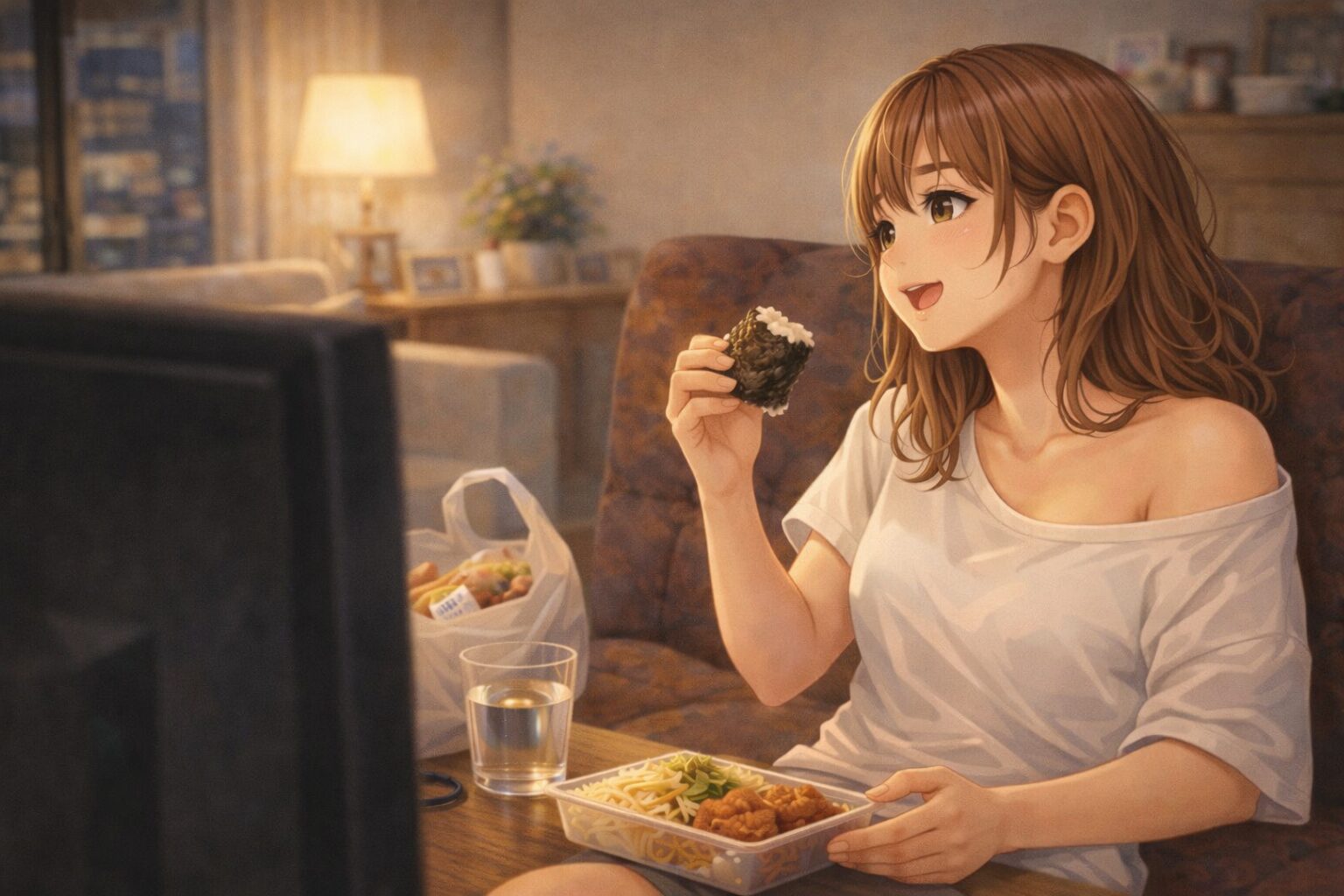 亜鉛不足を意識せず、夜に部屋でテレビを見ながら食事をしているズボラ生活の女性の様子（栄養バランスが崩れやすいイメージ）