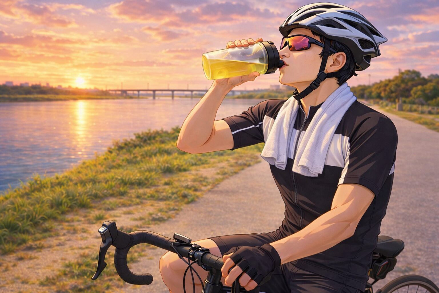 夕方の河川敷でロードバイクを止め、スポーツシェイカーでEAAドリンクを飲む大人の男性ライダーを描いた写実寄りアニメイラスト