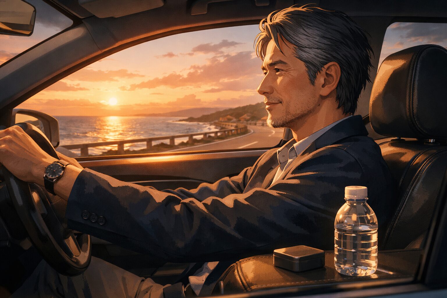 ビール酵母で体調管理を続ける、海沿いをドライブする大人の男性のイメージ