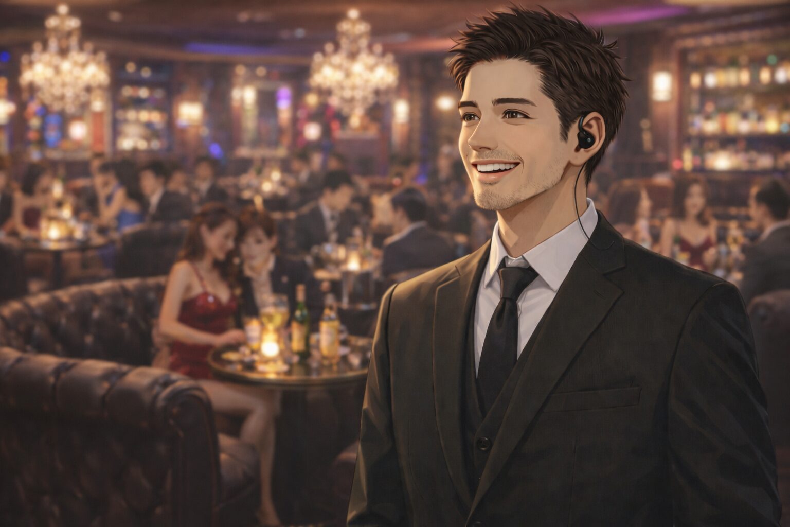 仕事終わりのキャストがタクシーで帰宅中に疲れた表情で窓にもたれている夜景シーン