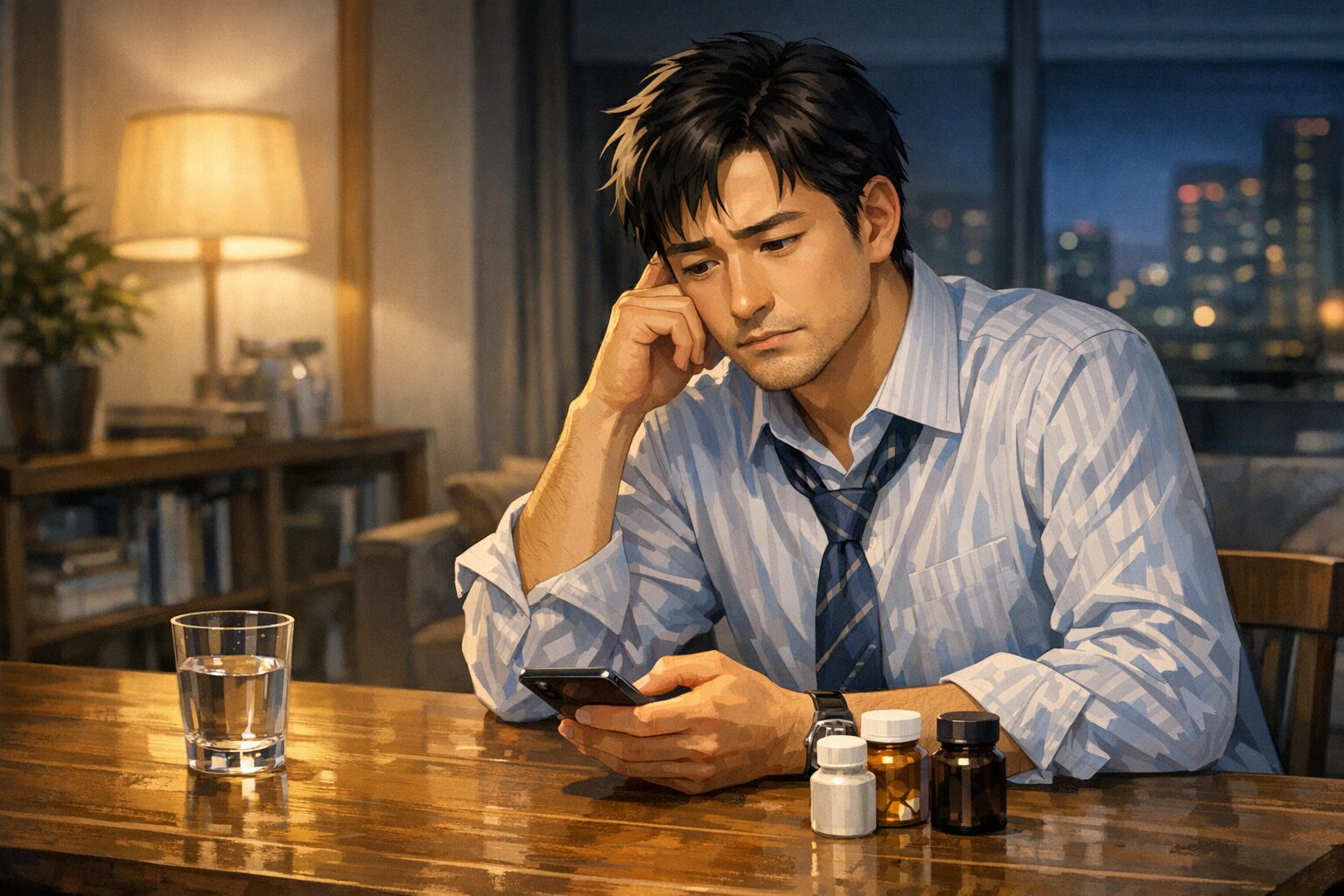 仕事終わりの男性が自宅でサプリを見ながら何から始めるか迷っている様子