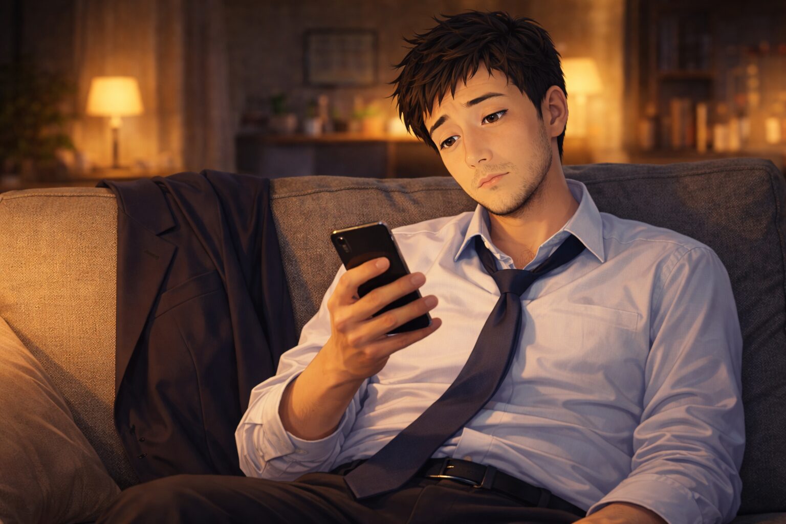 夜の自宅で少し疲れた表情でスマホを見るスーツ姿の男性
