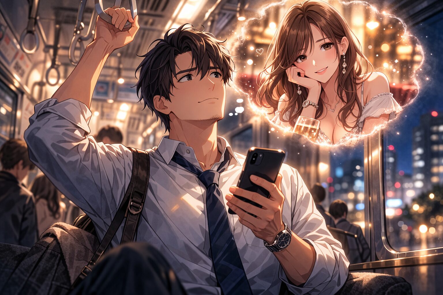 夜の電車でキャバ嬢のLINEが未読のままになっていることを気にしながらスマホを見る男性のイメージ