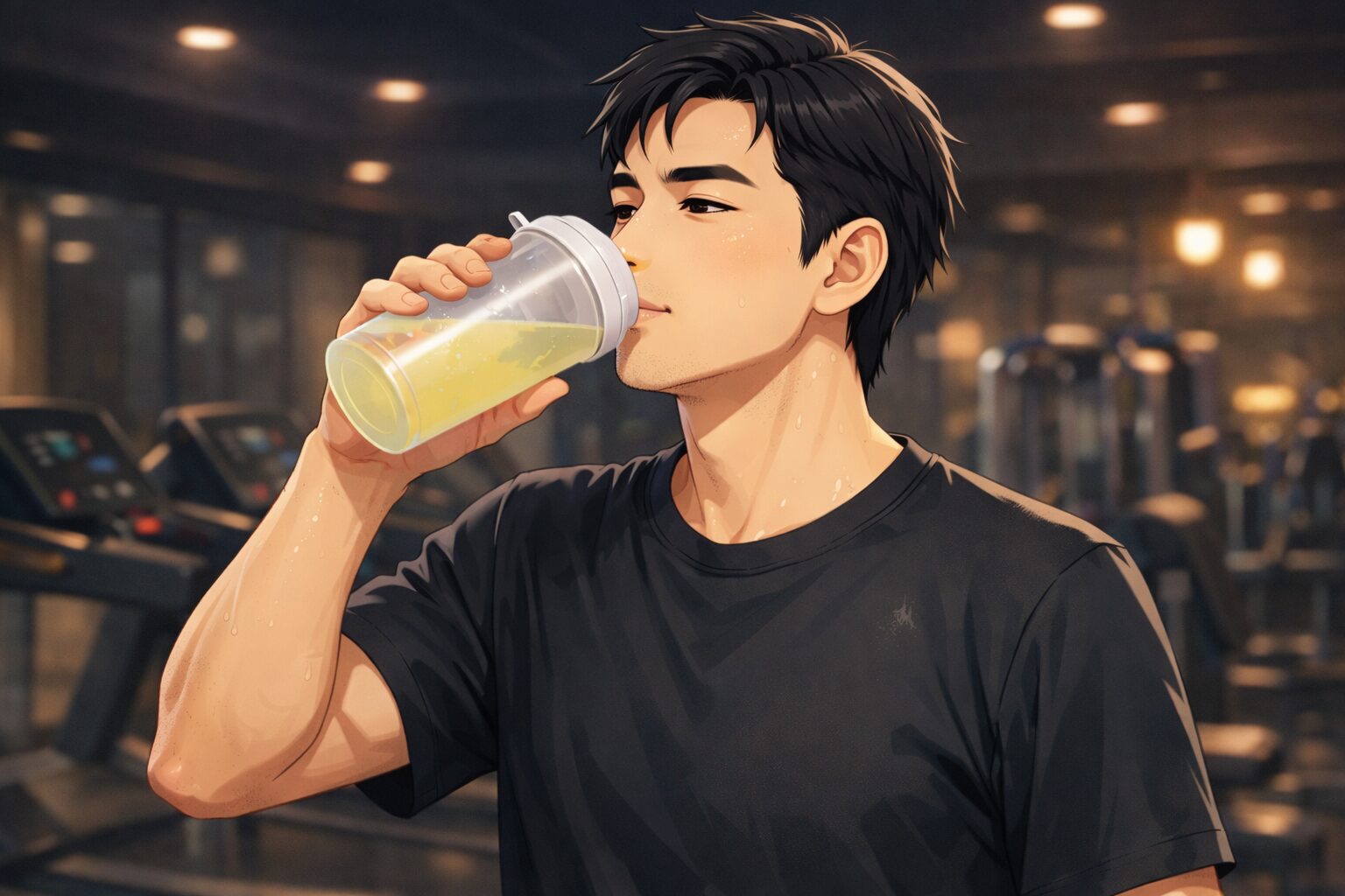 トレーニング後のジムでBCAAドリンクを飲み、汗をかきながら体調管理を徹底する崩れない男性のイメージ