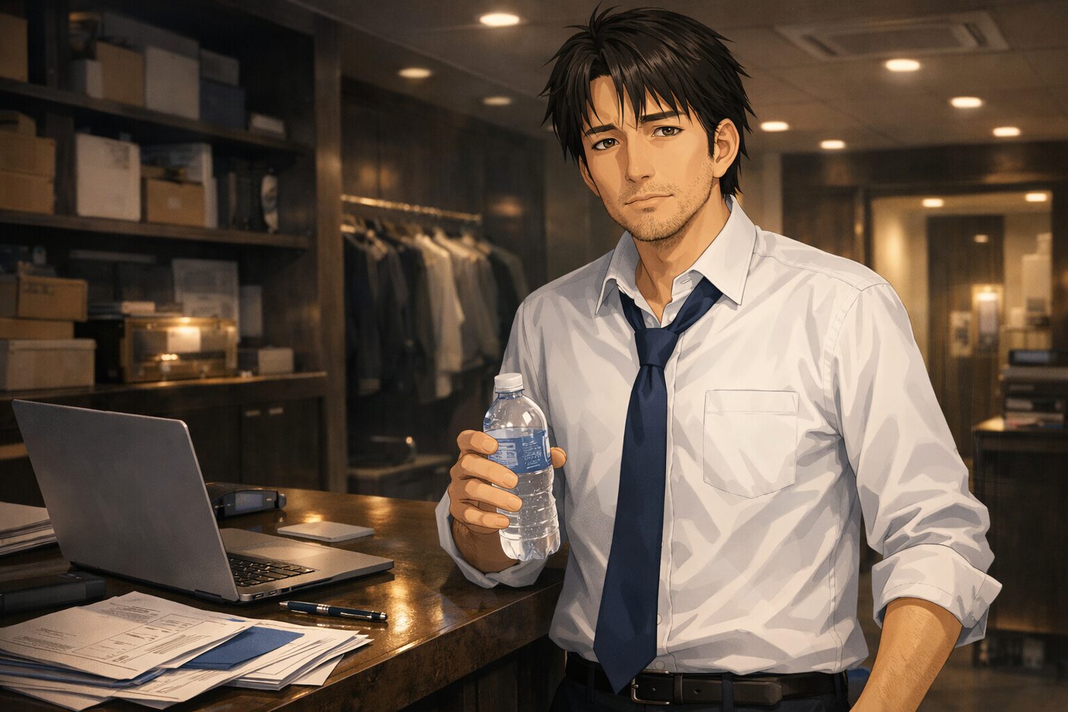 仕事終わりのオフィスで、ネクタイをゆるめた疲れ気味の男性がデスク横で水を飲みながら一息ついている様子。忙しく削られながらも回復を意識するズボラ男性のイメージ。