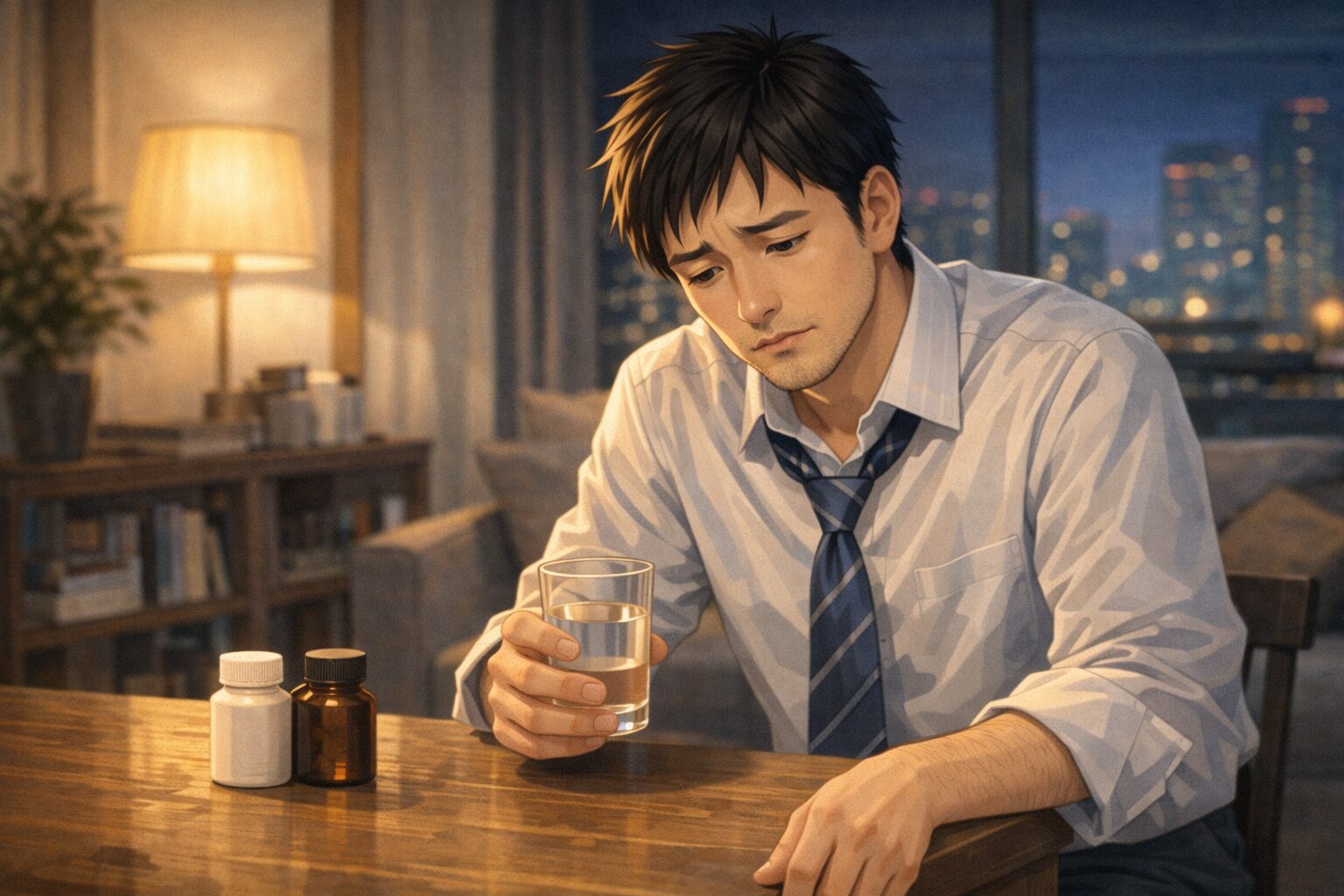 疲れた男性が夜の自宅でサプリが効かないと感じながら水を持って考えているシーン